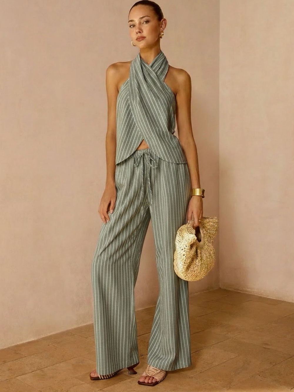 Commmense Striped Cotton Linen Halter Top & Pants